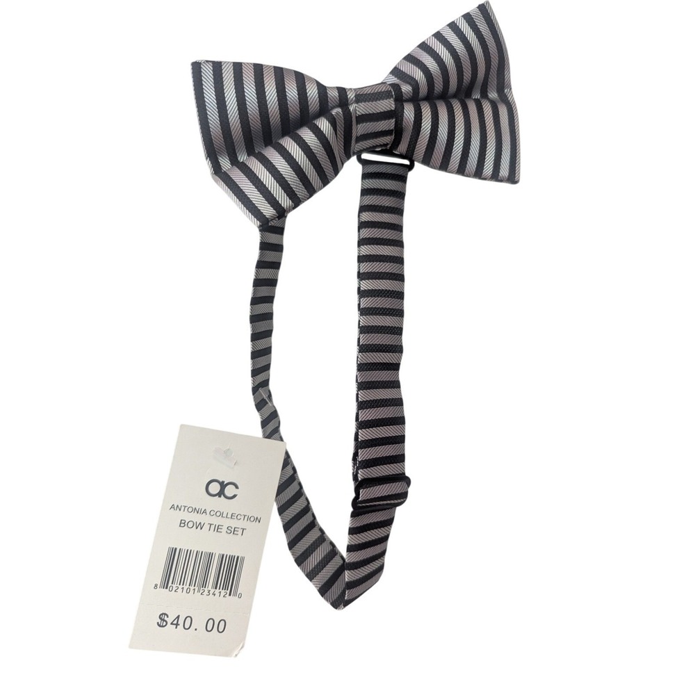 Antonia Collection Silk Bow Tie‎ Set Black Gray Stripe Pre Tied NWT Formal